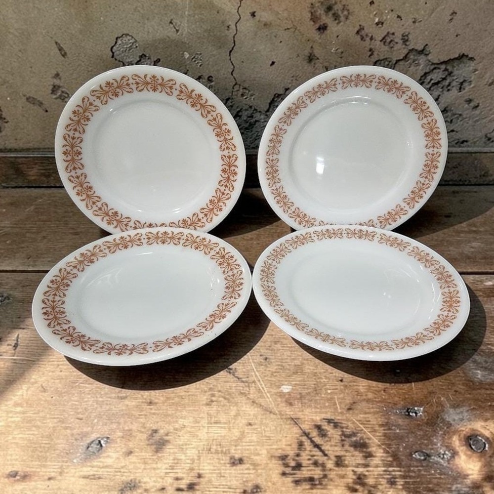 Pyrex Milk Glass Salad‎ Plates, Set of 4, Vtg Copper Filigree Design, Dinnerware